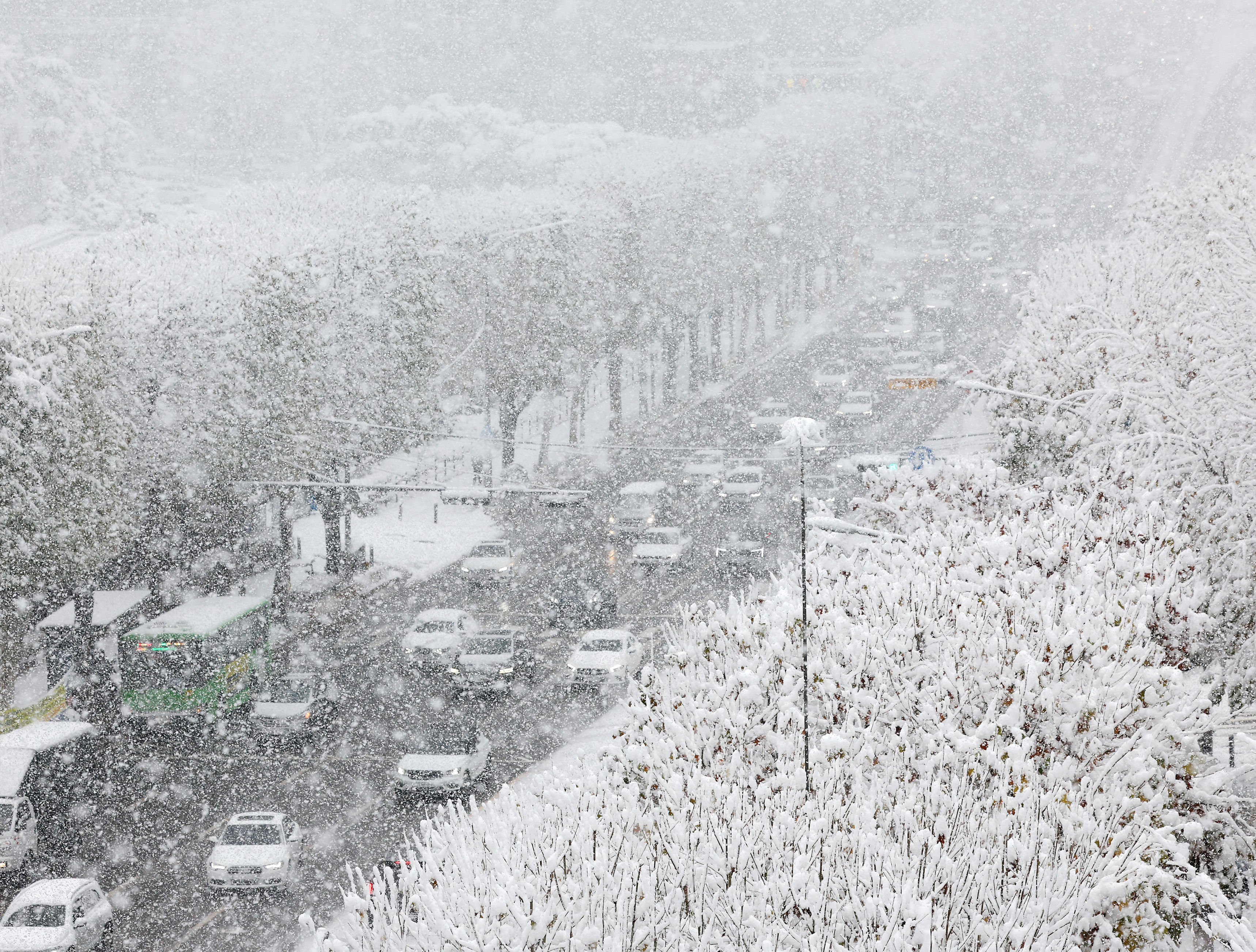 ▲▼首爾市南部、京畿道水原市主要道路因暴雪而交通大亂，車陣回堵。（圖／達志影像）