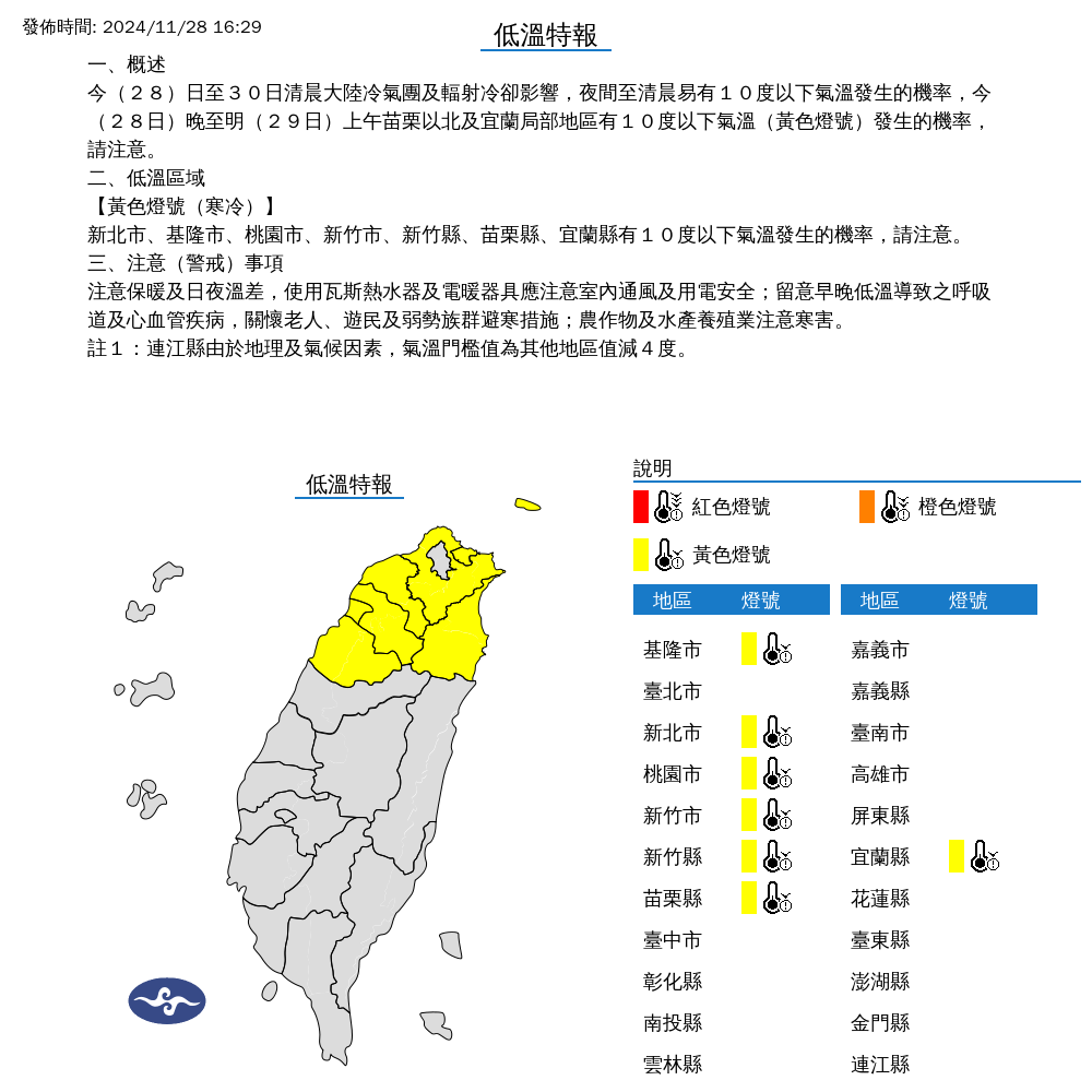 ▲▼7縣市發布低溫特報。（圖／氣象署提供）