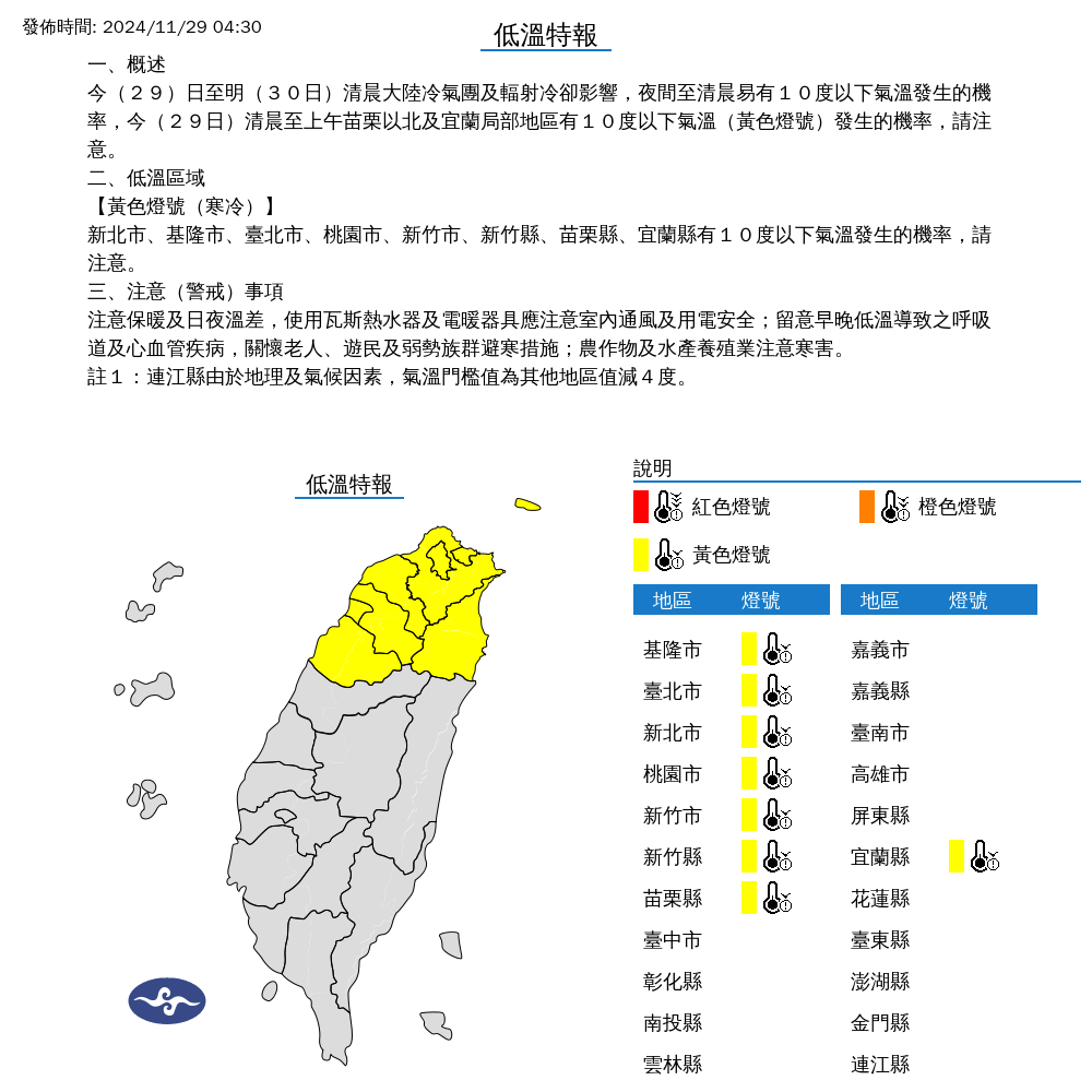 ▲▼低溫特報。（圖／中央氣象署）