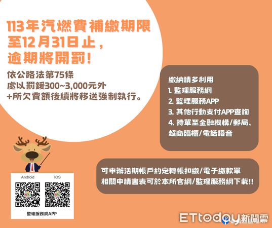 ▲▼  113年汽燃費補繳期限至113年12月31日止，逾期將開罰!   。（圖／嘉義區監理所提供）