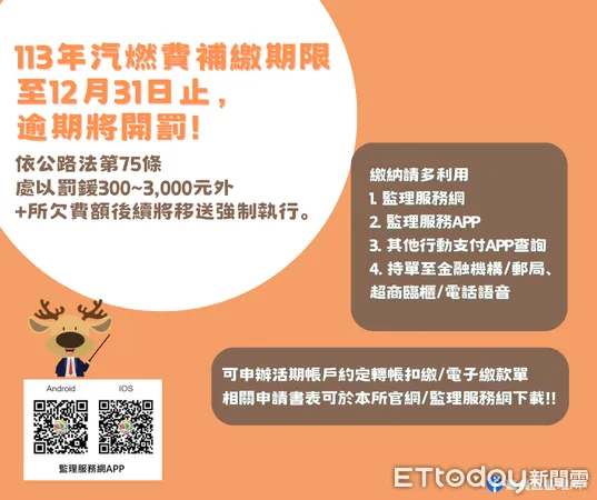 ▲▼  113年汽燃費補繳期限至113年12月31日止，逾期將開罰!   。（圖／嘉義區監理所提供）