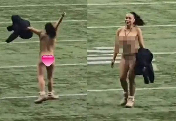 一名女球迷闖入球場裸奔，現場卻無人驅趕她。（翻攝X@SchengenStory）	