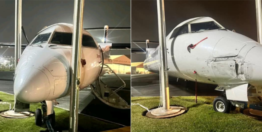 ▲▼機師忘踩煞車！飛機滑走「自撞旗桿」 。（圖／翻攝自肯亞時報）