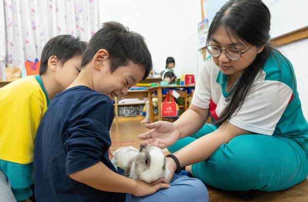 ▲▼沈怡君讓孩子們與兔子互動。（圖／台灣動物緊急救援小組提供）