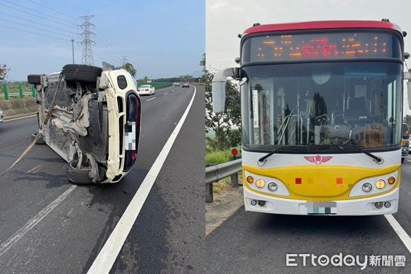 ▲▼             國10轎車擦撞客運。（圖／記者吳奕靖翻攝，下同）