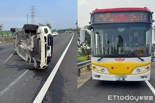 ▲▼             國10轎車擦撞客運。（圖／記者吳奕靖翻攝，下同）