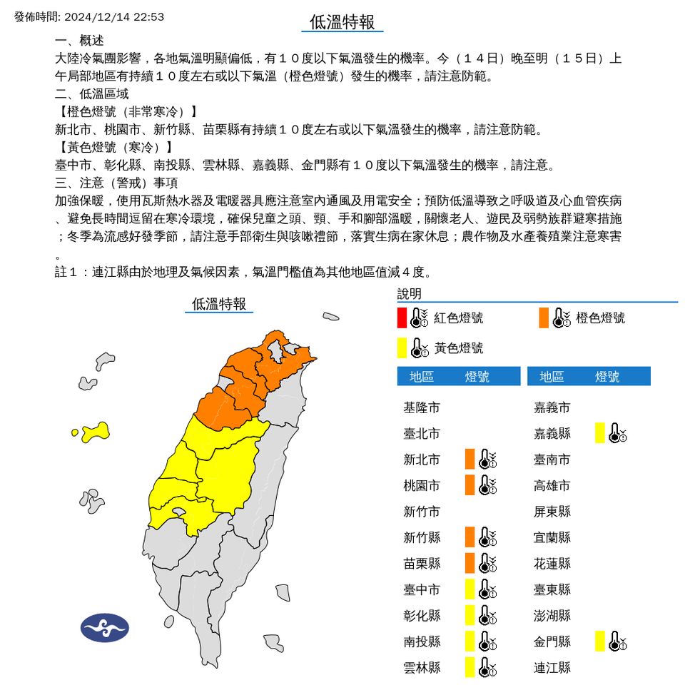 ▲低溫特報