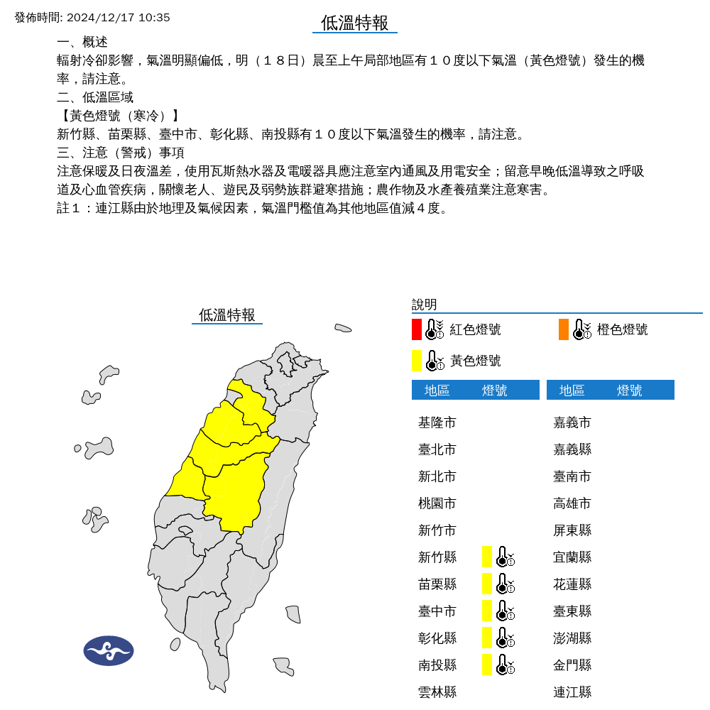 ▲▼5縣市發布低溫特報。（圖／氣象署提供）