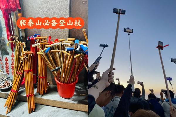 ▲▼中國泰山「登山棍」爆紅。（圖／翻攝自微博）