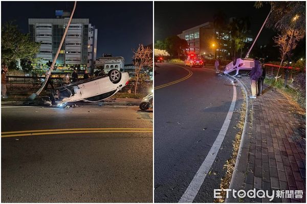 ▲雲林斗六車禍，吳姓駕駛過彎撞4汽車、7機車後翻覆。（圖／記者王悉宇翻攝，下同）