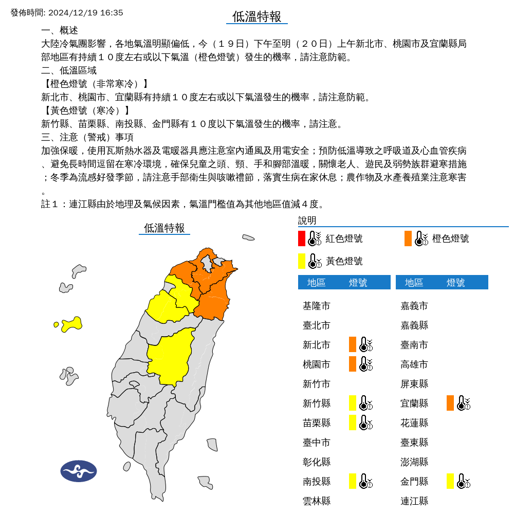 ▲▼7縣市發布低溫特報。（圖／氣象署提供）