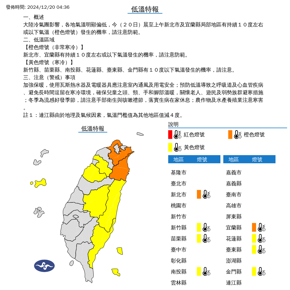 ▲▼1220低溫特報。（圖／中央氣象署）