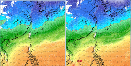 ▲▼最新(19日20時)歐洲模式(ECMWF)、下週(22)日8時模擬圖(左圖)顯示，850百帕零度(紅)線在北部海面。最新美國模式(GFS)、下週日8時模擬圖(右圖)顯示，850百帕零度(紅)線很接近北部陸地。（圖／洩天機教室）