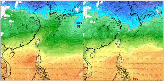 ▲▼ 最新(20日20時)歐洲模式(ECMWF)、跨年(31日20時)模擬圖(左圖)顯示，850百帕零度(紅)線離台灣甚遠，無冷空氣。最新美國模式(GFS)、同時的模擬圖(右圖)顯示，與歐洲模式雖不一致，850百帕零度(紅)線離台灣亦甚遠。（圖／洩天機教室）