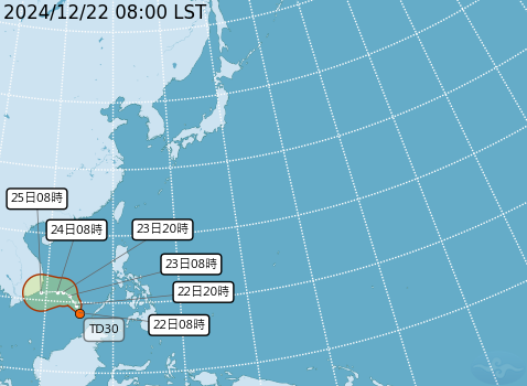 ▲▼熱帶性低氣壓TD30路徑預測             。（圖／氣象署提供）