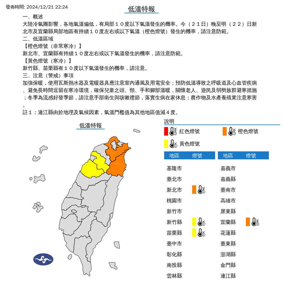 ▲低溫特報