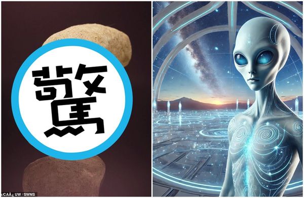 7000年前的石像出土（左圖），外型酷似外星生物。（翻攝《每日郵報》、ChatGPT生成）