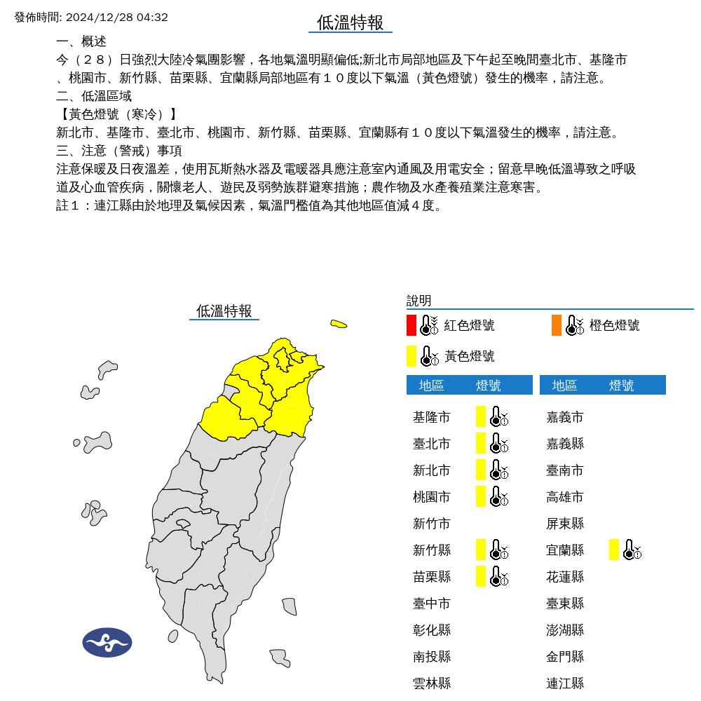 ▲▼低溫特報。（圖／中央氣象署）