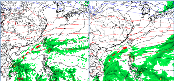 ▲▼最新(27日20時)歐洲模式(ECMWF)，1日8時地面模擬圖(左圖)顯示，南方中層雲系逐漸北移、帶來降雨。最新美國模式(GFS)，同時的模擬圖(右圖)亦顯示，南方中層雲系逐漸北移，但時間比較落後。。（圖／洩天機教室）