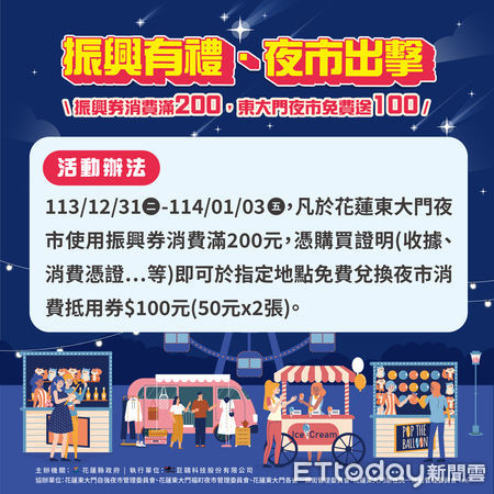 ▲▼使用振興券於東大門夜市單筆消費滿200元，就可以在夜市指定地點免費兌換消費抵用券100元。（圖／花蓮縣政府提供，下同）