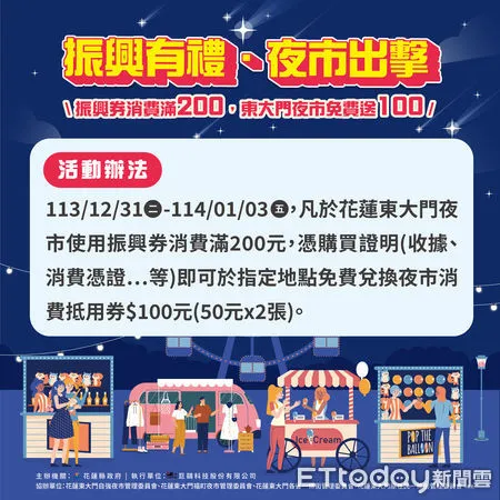 ▲▼使用振興券於東大門夜市單筆消費滿200元，就可以在夜市指定地點免費兌換消費抵用券100元。（圖／花蓮縣政府提供，下同）