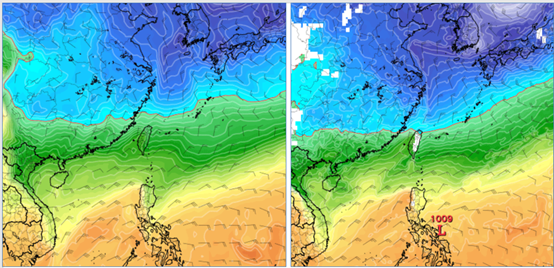 ▲▼下週五(10日)20時850百帕氣溫及風場圖顯示，零度(紅)線在北部海面(左圖)。最新美國模式(GFS)，同時的模擬圖顯示，零度(紅)線已觸及北部陸地(右圖)。（圖／洩天機教室）
