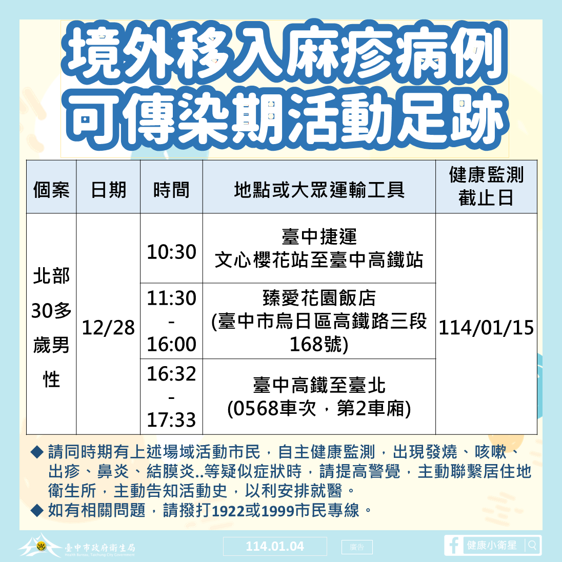 ▲北部1名麻疹個案7天前曾現身台中，衛生局公佈足跡。（圖／台中市政府提供）