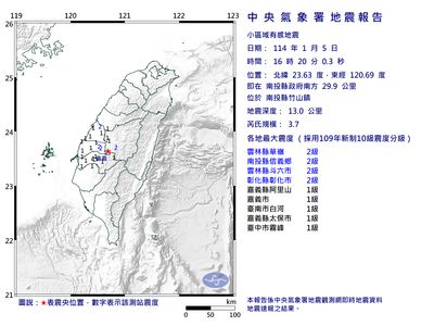 20南投縣竹山鎮規模3.7地震　7縣市有感