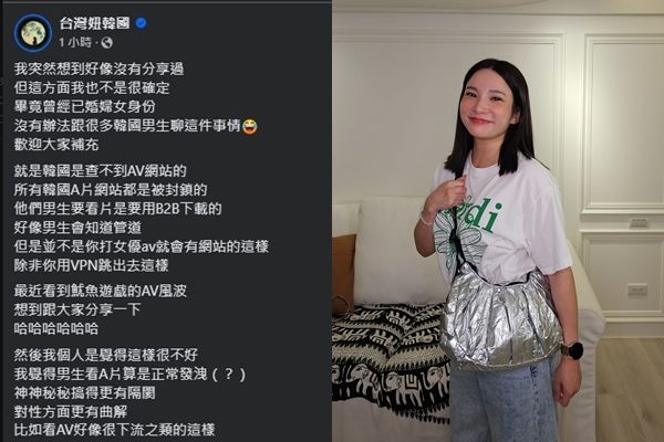 ▲台灣妞分享南韓對AV接受度與台灣不同的原因。（圖／翻攝自台灣妞韓國臉書）