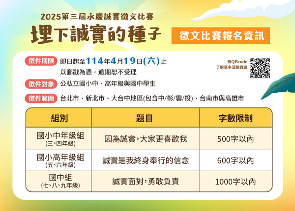 第三屆永慶誠實徵文比賽開跑！題目關注學子誠實經驗（圖／永慶房產集團提供）