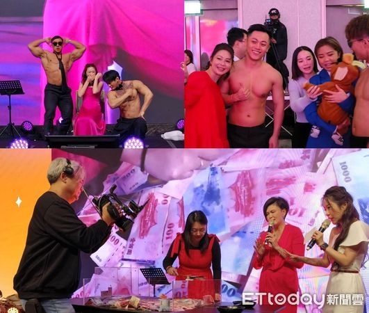 ▲上二圖晚會現場最吸睛的猛男秀，下圖鏟錢遊戲抽中的六人，有鏟到6.8萬元的，最後一位中獎者是財務長張禕璟，沒鏟完的22萬多元都歸她，她大方的給同桌同事每人1萬元分紅。（圖／記者張佩芬攝）