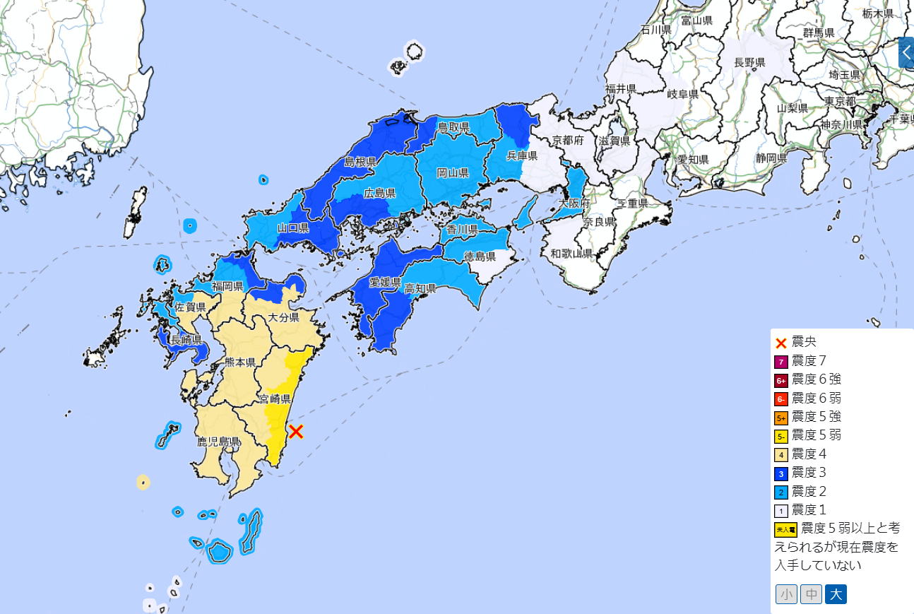 ▲▼日本宮崎縣13日晚間觀測到規模6.9強震。（圖／翻攝自日本氣象廳）