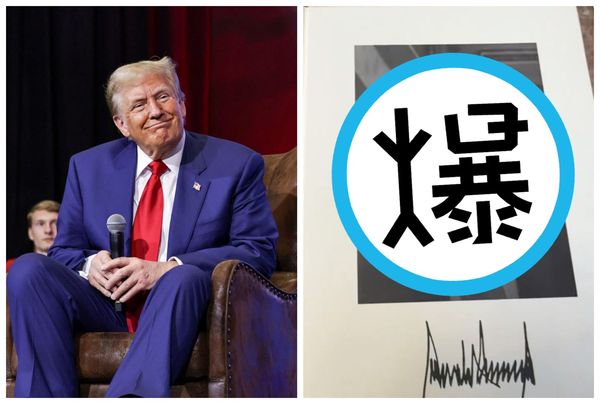 川普第二任期的總統官方肖像曝光（右圖）。（翻攝Donald J. Trump 臉書、X@bennyjohnson）