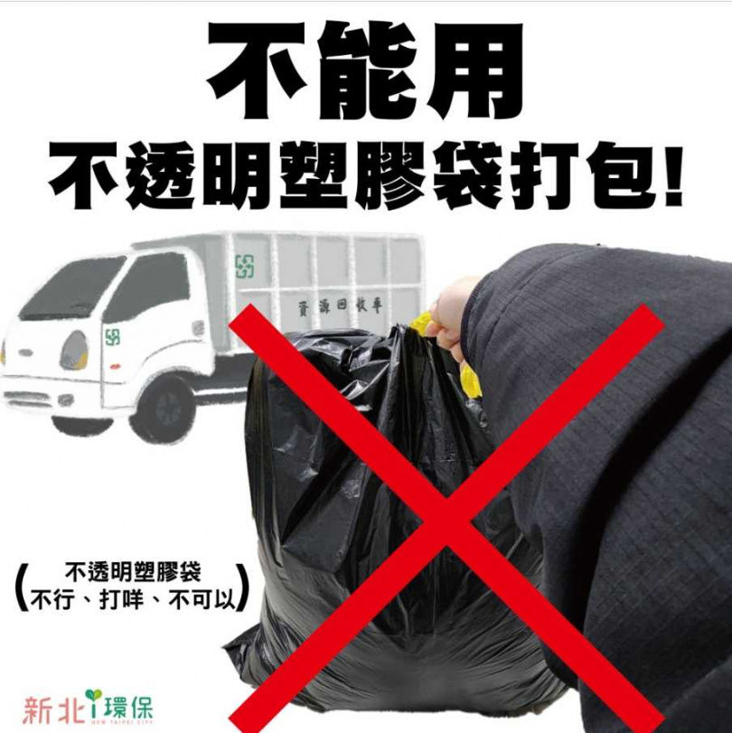 許多人整理回收物會用袋子裝好交給清潔人員，但新北市環保局臉書粉絲專頁「新北i環保」早宣導，裝回收物要用透明塑膠袋，違者可依法處新台幣1200元以上、6000元以下罰鍰。（圖／翻攝自臉書／新北i環保）