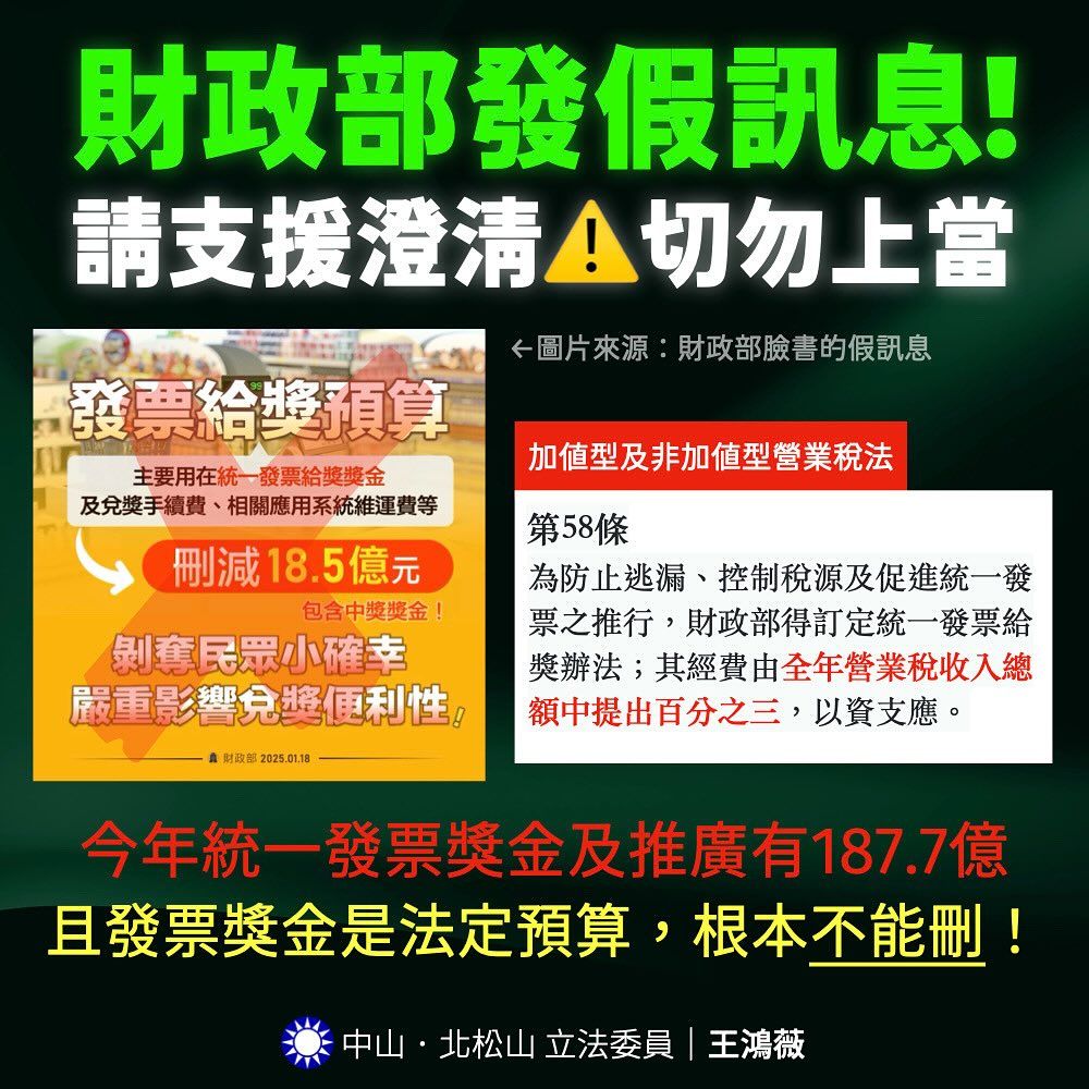 ▲▼王鴻薇指稱，發票的中獎、推廣預算有187.7億元。（圖／翻攝臉書／王鴻薇）