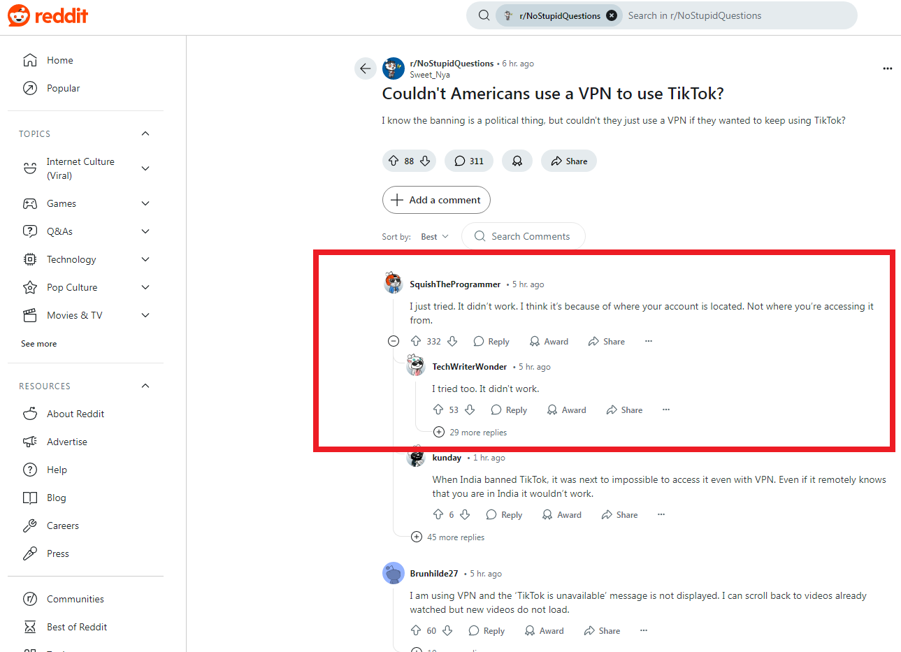 ▲▼美國論壇Reddit網友詢問，能否透過VPN使用TikTok，然而多數網友回應行不通。（圖／翻攝自Reddit）