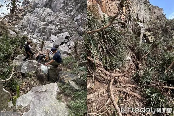 ▲▼龍洞岩場周遭草叢發現一具人骨，死者為失蹤人口，初步研判疑是意外墜落             。（圖／記者郭世賢翻攝）