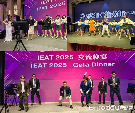 ▲左上圖經濟部前部長王美花(前中)擔任開場演唱嘉賓；右上圖公會員工勁歌熱舞；下圖公會新生代理事顏柏軒(左三)帶領新生代理監事江建廷(右一)等跳16蹲。（圖／記者張佩芬攝）