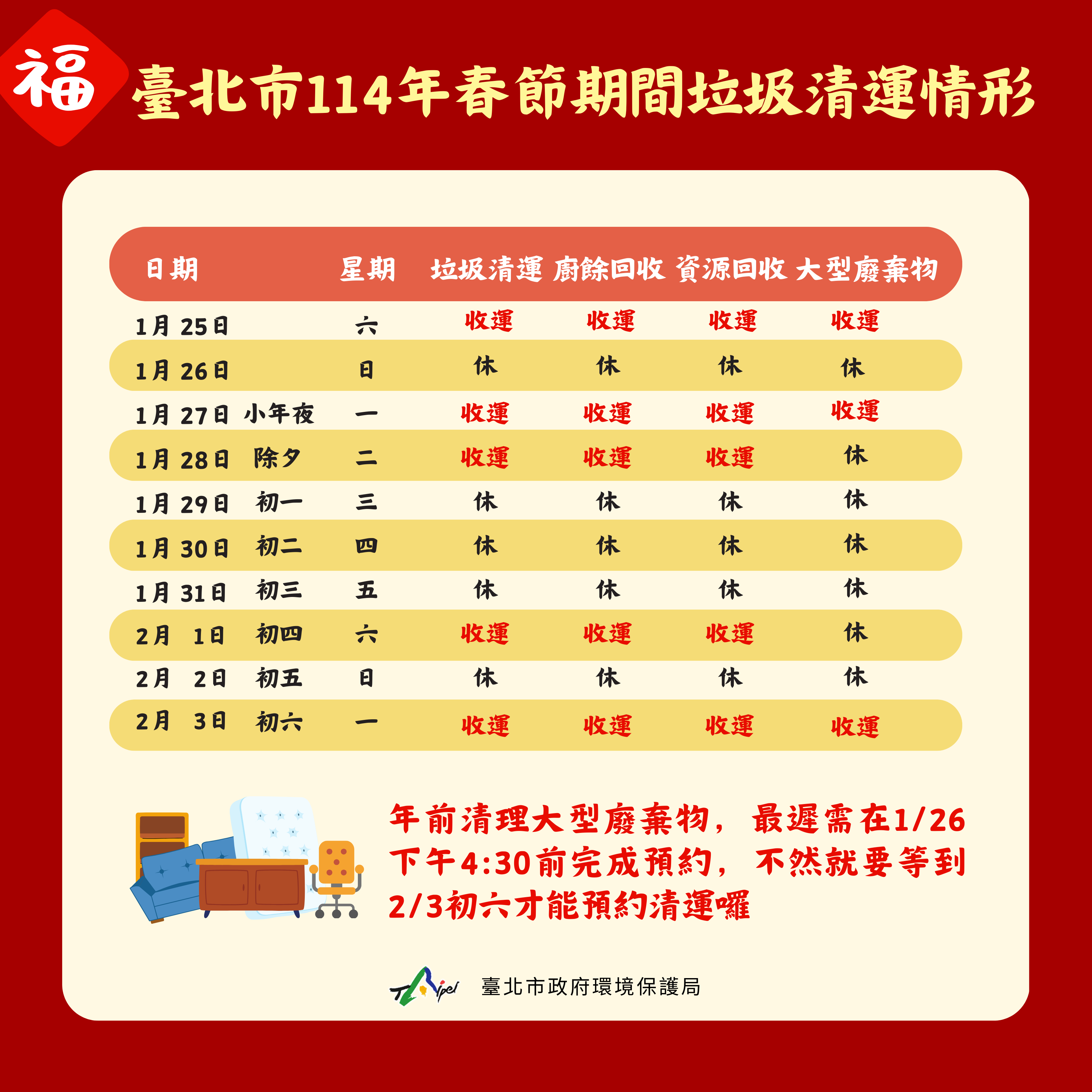 ▲▼台北春節期間垃圾車清運時間表。（圖／台北市政府環境保護局）