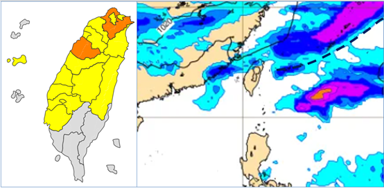 ▲▼年初五(2日)8時地面氣壓及降水圖模擬圖顯示，鋒面掠過、伴隨局部降雨。（圖／洩天機教室）