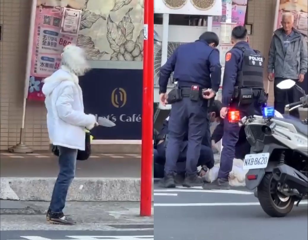 ▲新北板橋驚現一名白髮婦人持刀揮舞，遭警方壓制。（圖／翻攝自Threads／立達徵信社）