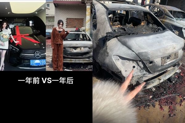 ▲▼正妹車主的賓士愛車起火，淡定在旁比YA。（圖／翻攝抖音）