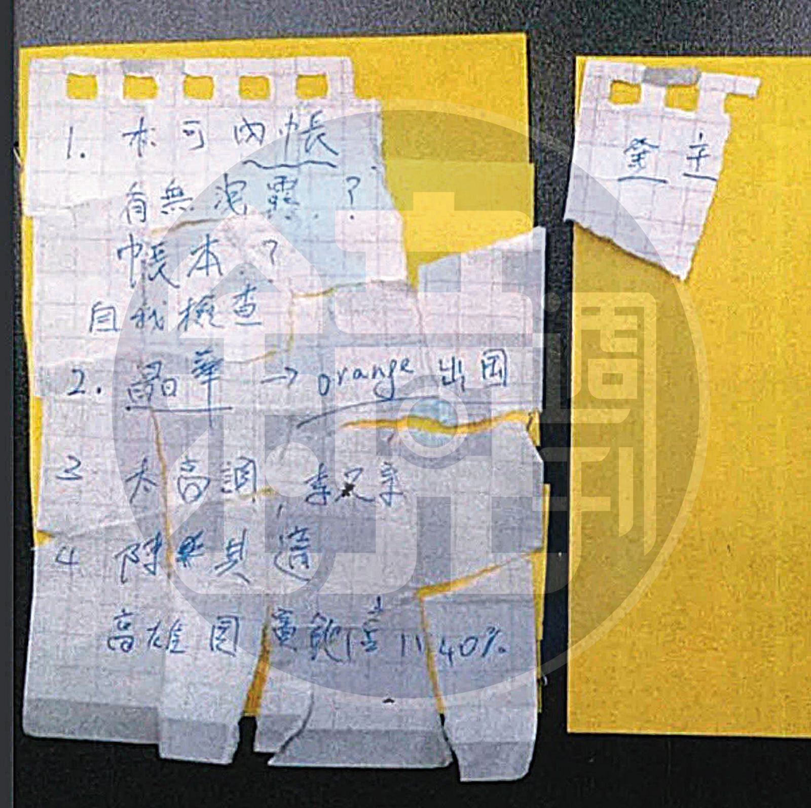 被撕碎的柯文哲手諭紙條除寫著「Orange出國」，還提及木可內帳及高雄國賓飯店，大有串證帶風向味道。