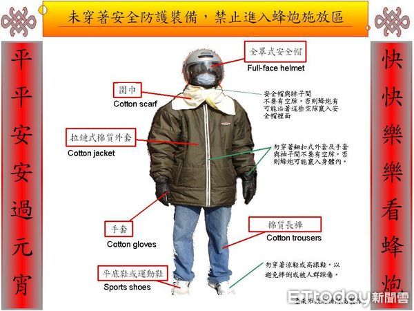 ▲台南市消防局呼籲元宵節觀賞鹽水蜂炮，務必穿戴適當防護裝備，以策安全。（圖／記者林東良翻攝，下同）