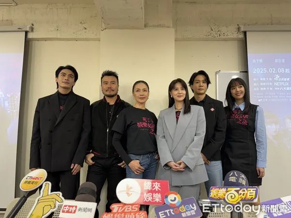 ▲宋柏緯（左起）、李銘忠、柯淑勤、林予晞、薛仕凌、王渝萱出席《死了一個娛樂女記者之後》媒體茶敘。（圖／記者黃庠棻攝）