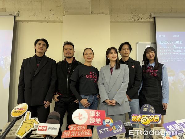 ▲宋柏緯（左起）、李銘忠、柯淑勤、林予晞、薛仕凌、王渝萱出席《死了一個娛樂女記者之後》媒體茶敘。（圖／記者黃庠棻攝）