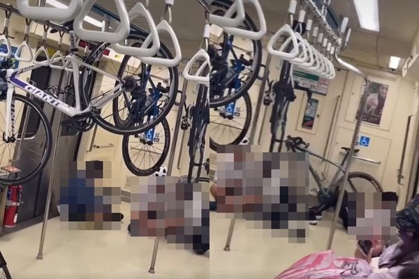 ▲▼民眾搭乘北捷，發現有自行車車友將車掛在吊環上。（圖／翻攝臉書／重機車友 ❘ 各區路況天氣、資訊分享中心）