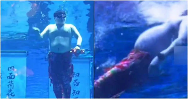 另類真人秀！陸水族館驚見「胖大叔人魚」震撼畫面曝　網笑爆：怎麼跟小孩解釋