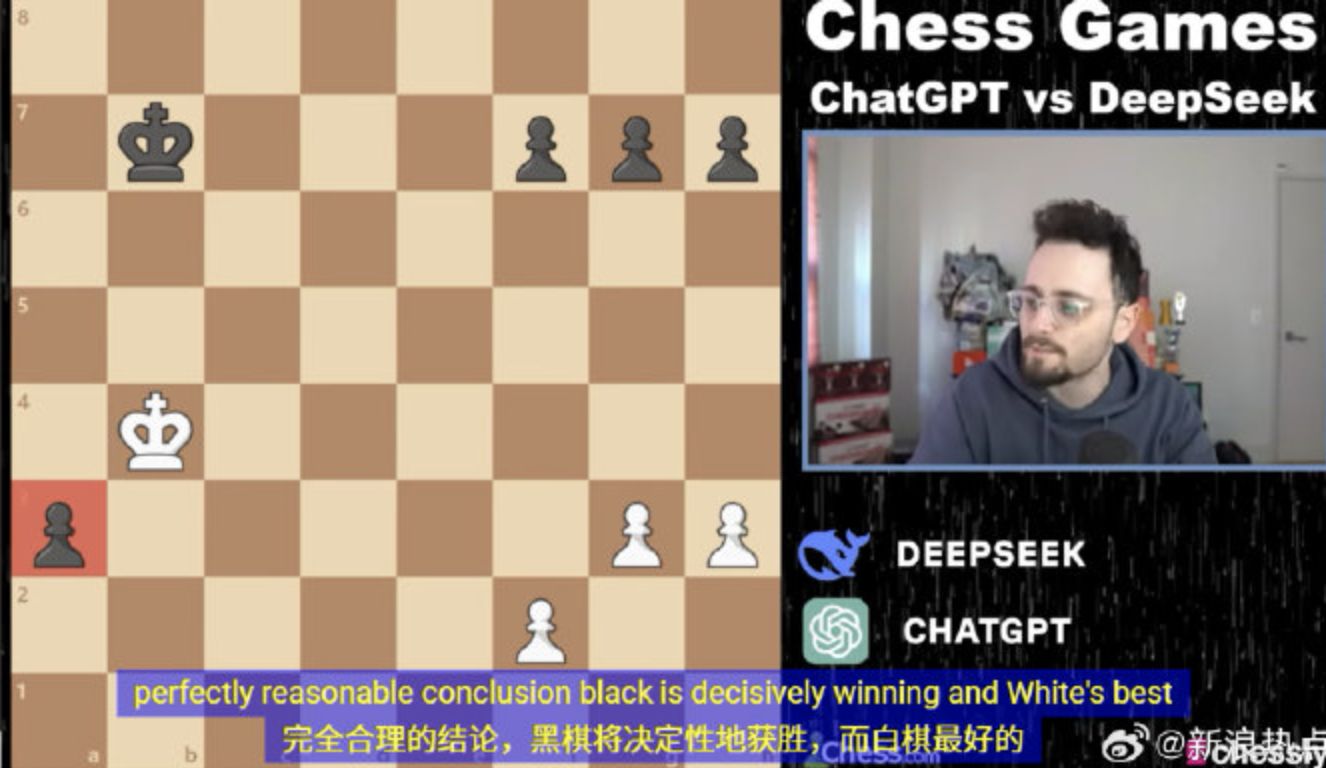 ▲美國知名網紅嘗試用DeepSeek和ChatGPT下西洋棋，結果令人意外。（圖／翻攝新浪新聞）