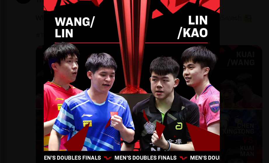 ▲▼台灣一哥林昀儒、二哥高承睿在新加坡大滿貫賽男雙決賽，對上中國王楚欽、林詩棟。（圖／翻攝自X／World Table Tennis）